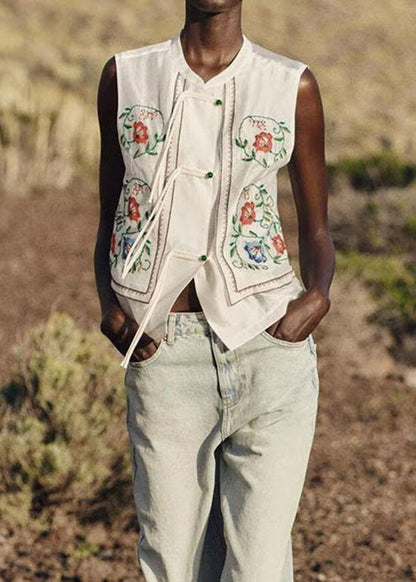 White Embroidered Tassel Cotton Top Sleeveless