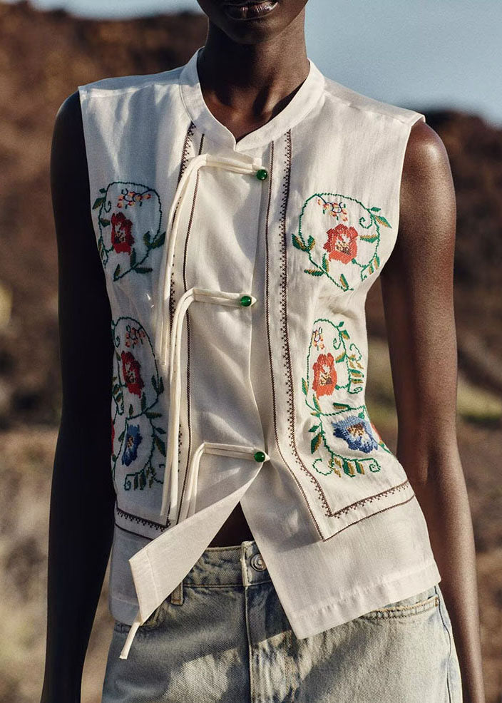 White Embroidered Tassel Cotton Top Sleeveless