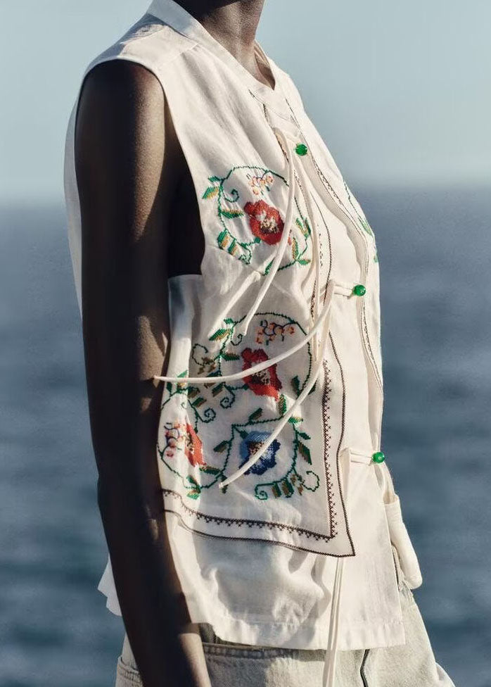White Embroidered Tassel Cotton Top Sleeveless