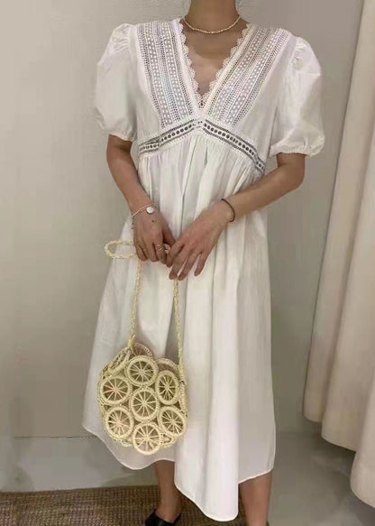 White Embroideried Hollow Out Patchwork Cotton Dress Puff Sleeve