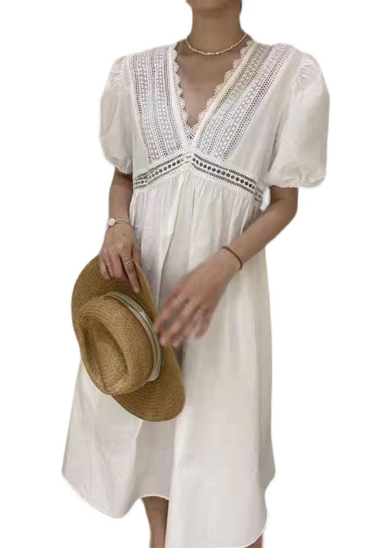 White Embroideried Hollow Out Patchwork Cotton Dress Puff Sleeve