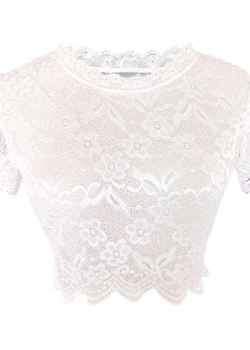 White Embroideried Lace Short Tank Half Sleeve