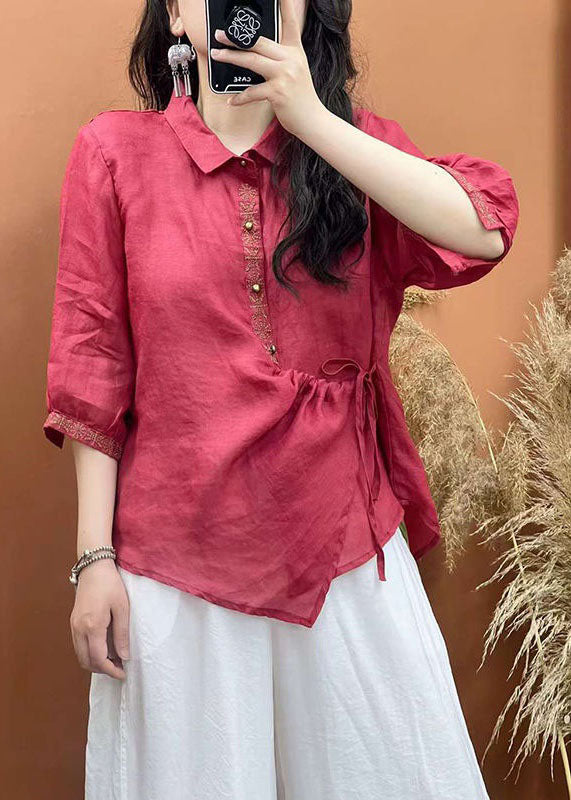 White Embroideried Lace Up Patchwork Linen Shirt Top Summer