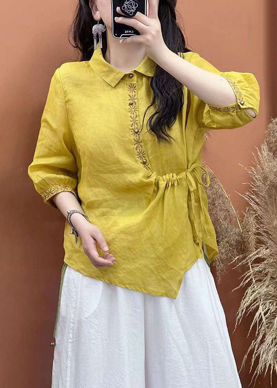White Embroideried Lace Up Patchwork Linen Shirt Top Summer