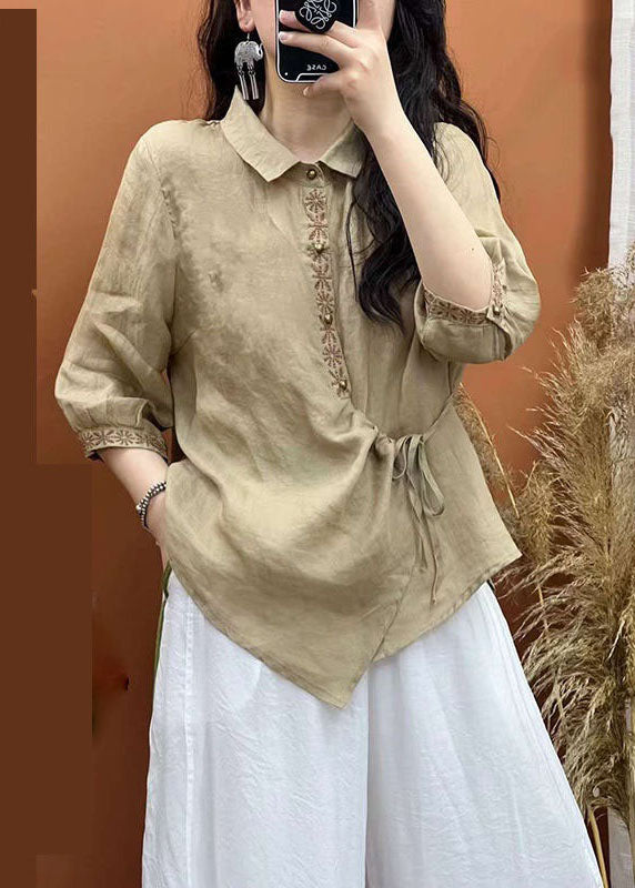 White Embroideried Lace Up Patchwork Linen Shirt Top Summer