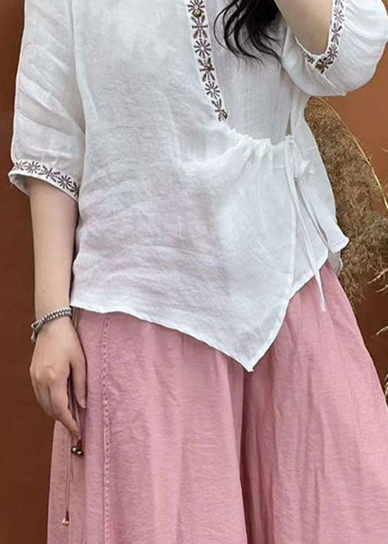 White Embroideried Lace Up Patchwork Linen Shirt Top Summer