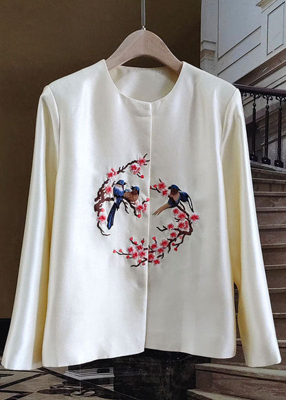 White Embroideried Patchwork Silk Outwear Long Sleeve