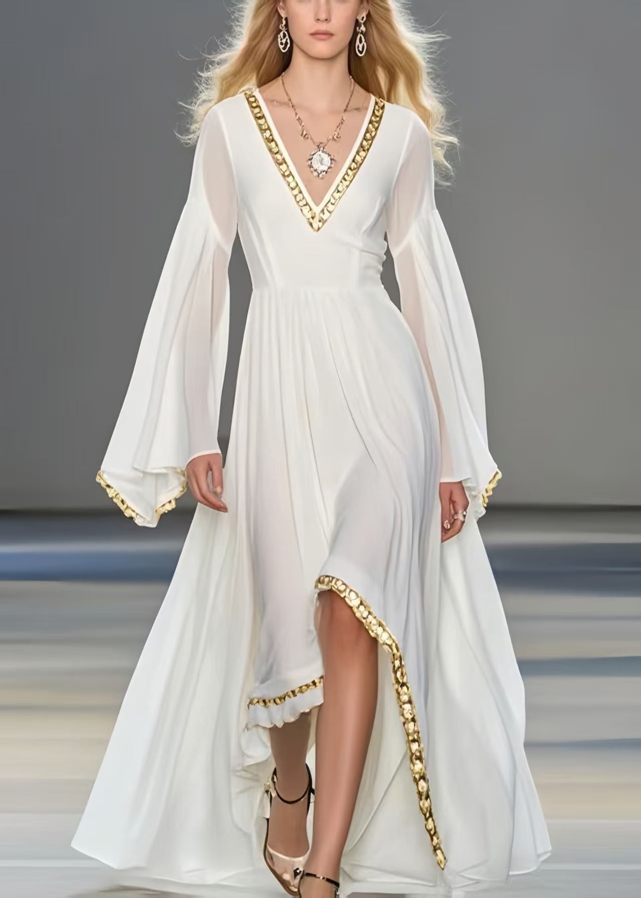 White Exra Large Hem Chiffon Robe Dresses Flare Sleeve