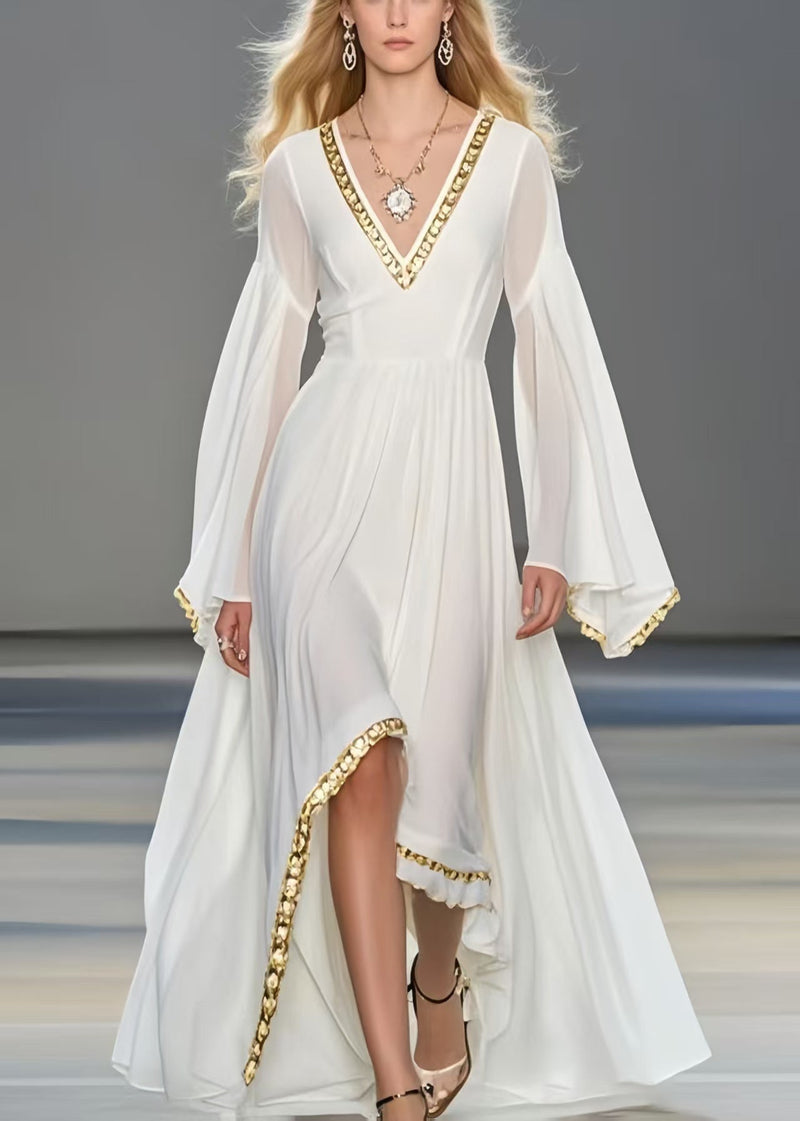 White Exra Large Hem Chiffon Robe Dresses Flare Sleeve