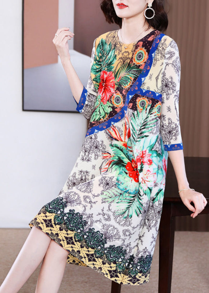White Print Wrinkled Maxi Dresses Bracelet Sleeve