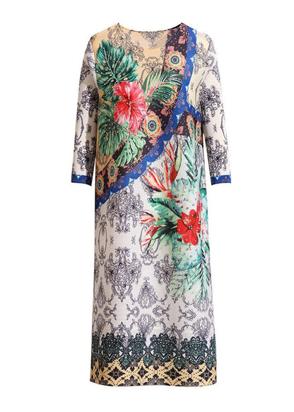 White Print Wrinkled Maxi Dresses Bracelet Sleeve