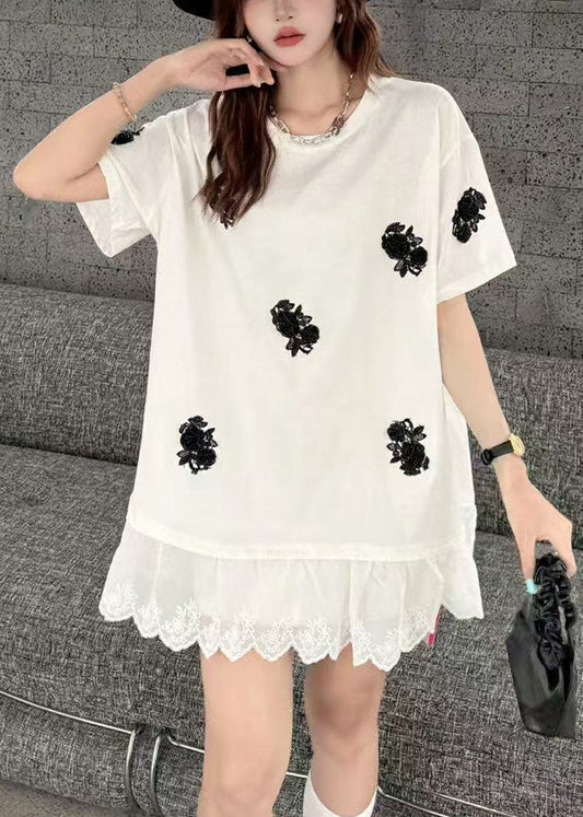 White Flower Decorated Oversized Patchwork Lace Tanks Summer