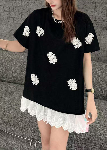 White Flower Decorated Oversized Patchwork Lace Tanks Summer
