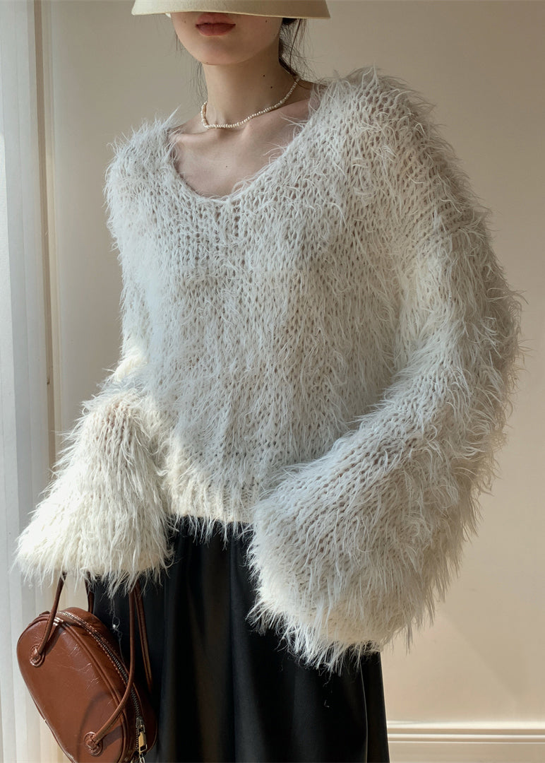 White Fluffy Hollow Out Knit Sweaters Spring
