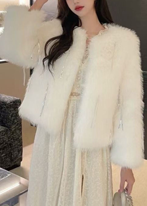 White Fluffy Tasseled Coats Winter