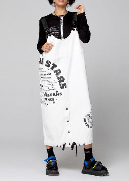 White Graphic Denim Drawstring Dresses Spring