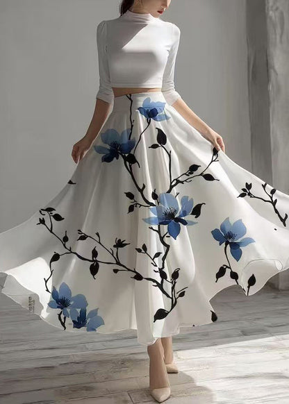 White High Waist Print Chiffon Tea Skirts Summer