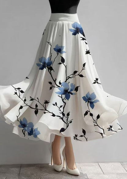 White High Waist Print Chiffon Tea Skirts Summer