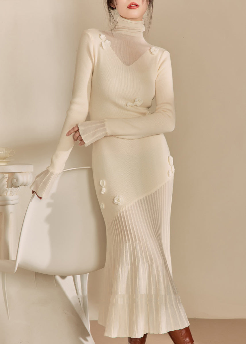 White Hign Neck Patchwork Slim Fit Knit Sweater Dress Spring