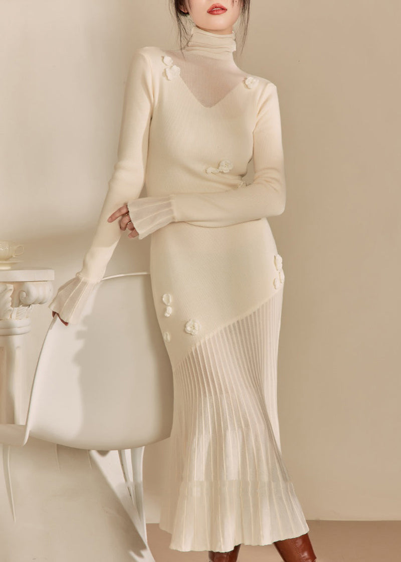 White Hign Neck Patchwork Slim Fit Knit Sweater Dress Spring