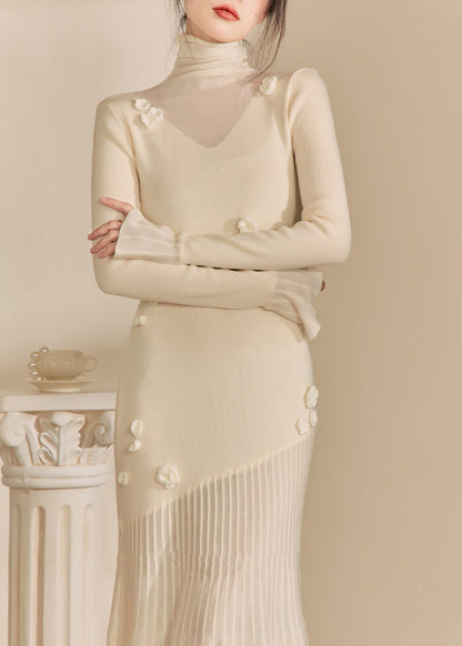 White Hign Neck Patchwork Slim Fit Knit Sweater Dress Spring