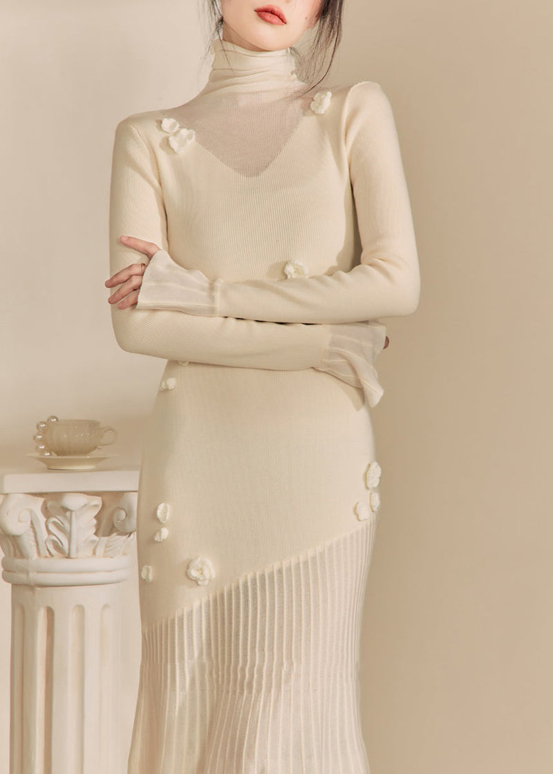 White Hign Neck Patchwork Slim Fit Knit Sweater Dress Spring