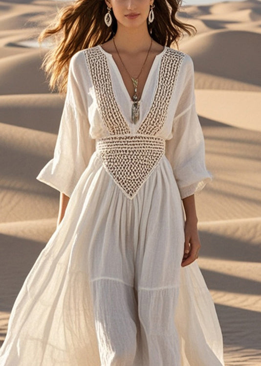 White Hollow Out Exra Large Hem Cotton Maxi Dress Spring