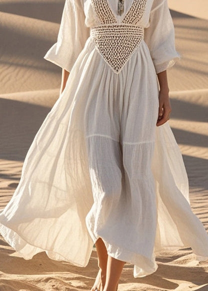 White Hollow Out Exra Large Hem Cotton Maxi Dress Spring