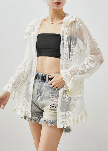 White Hooded Embroideried Patchwork Tulle Upf 50+ Coats Fall