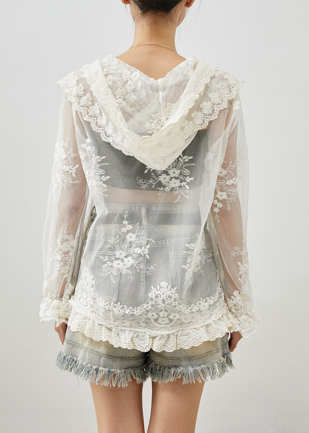 White Hooded Embroideried Patchwork Tulle Upf 50+ Coats Fall