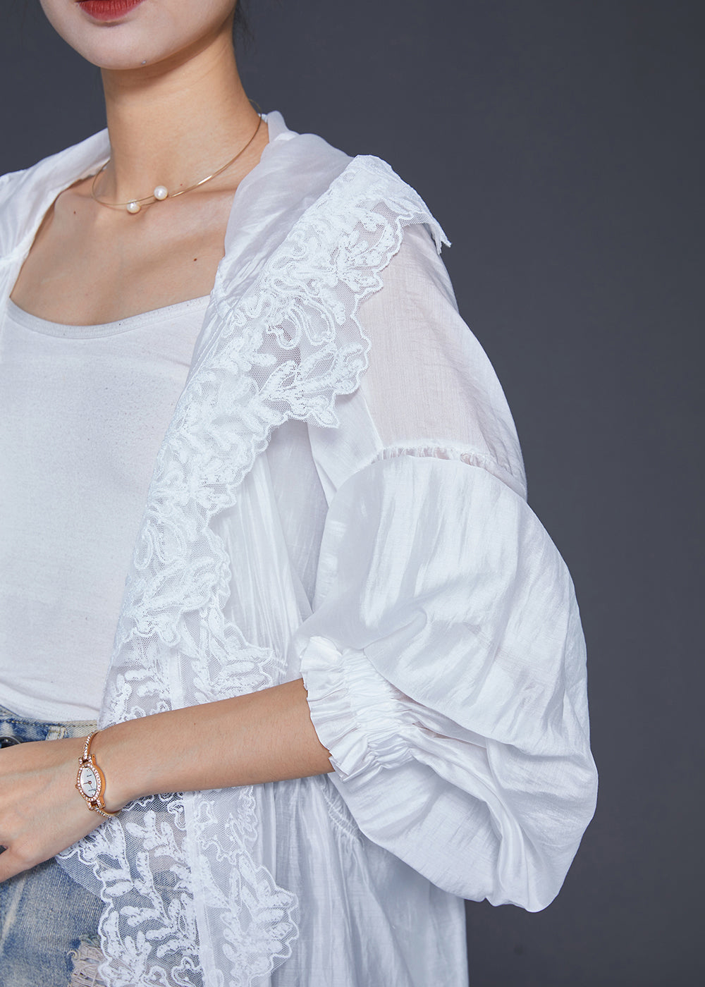 White Hooded Lace Patchwork Silk Cardigans Lantern Sleeve