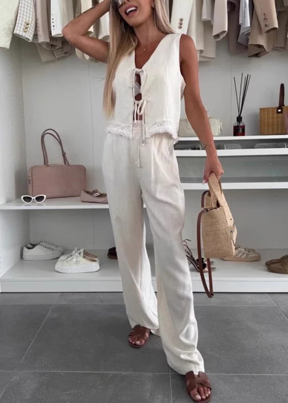 White Lace Patchwork Tie Waist Linen Vest and Wide Leg Pants Two Pieces Set Summer