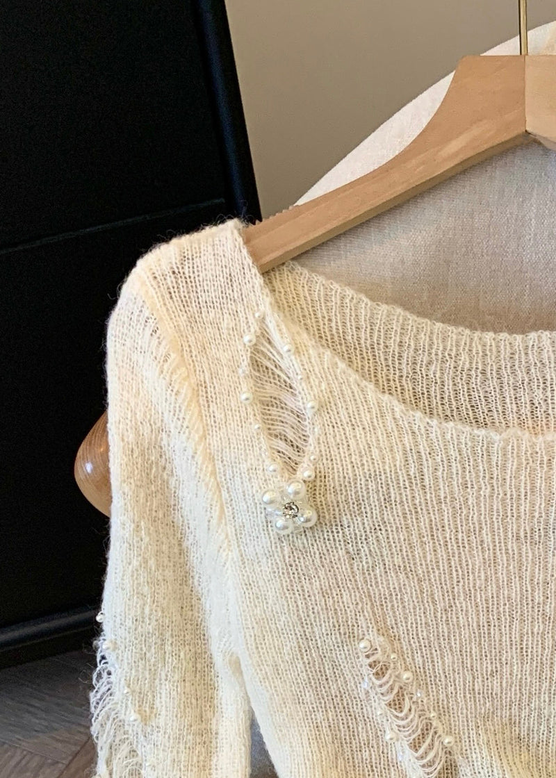 White Nail Bead Knit Ripped Sweater Spring