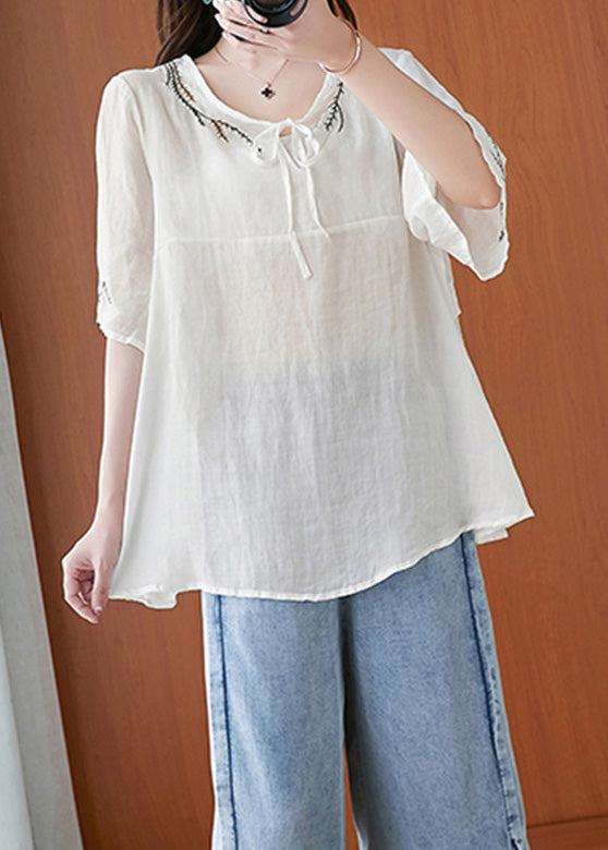 White Neck Tie Tops Half Sleeve