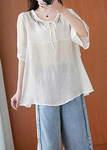 White Neck Tie Tops Half Sleeve