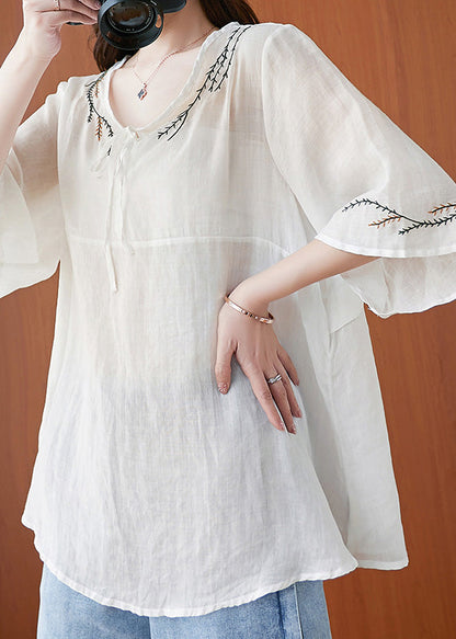 White Neck Tie Tops Half Sleeve
