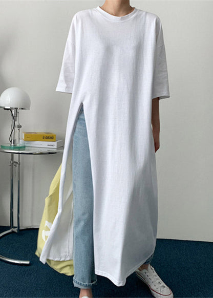 White Flowers O-neck Cotton Long T Shirt Half Sleeve