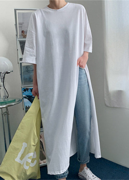 White Geometry O-neck Cotton Long T Shirt Half Sleeve