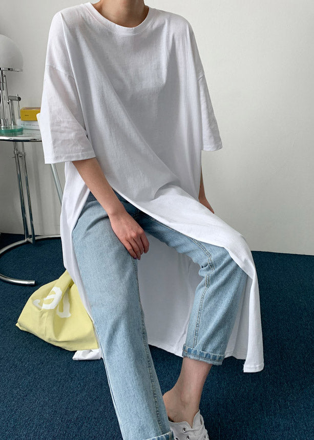 White Flowers O-neck Cotton Long T Shirt Half Sleeve
