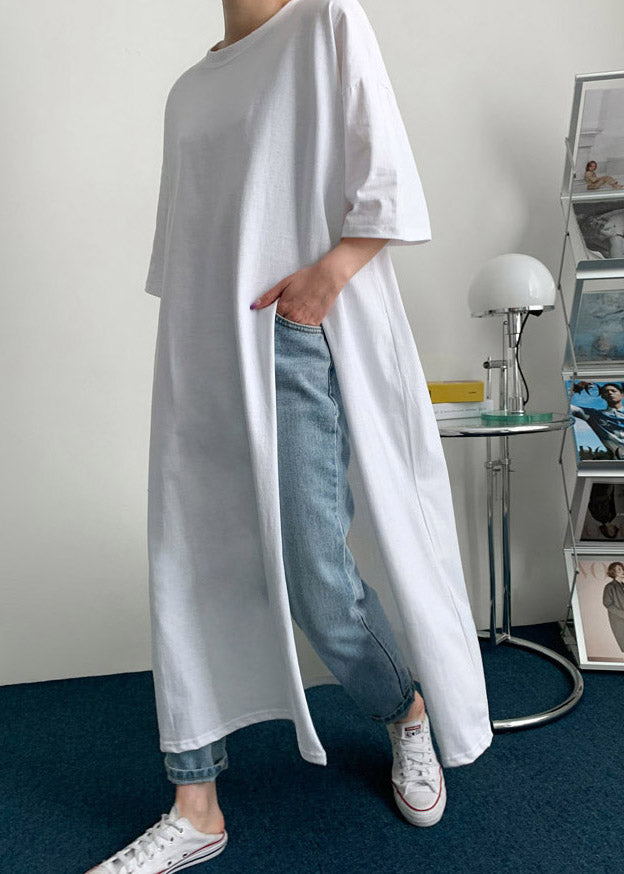 White Flowers O-neck Cotton Long T Shirt Half Sleeve