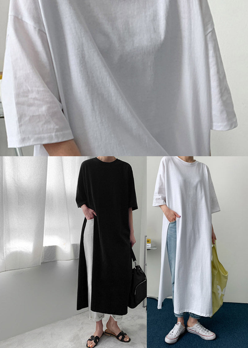 White Flowers O-neck Cotton Long T Shirt Half Sleeve