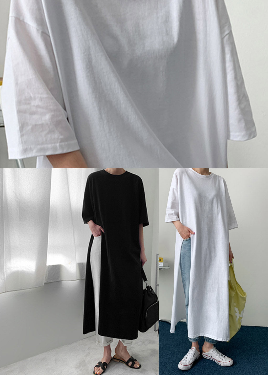 White Polka Dots O-neck Cotton Long T Shirt Half Sleeve