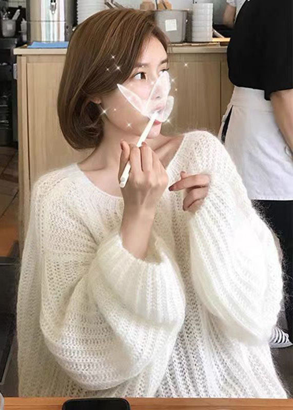 White O-neck Hollow Out Cozy Wool Knit Sweaters Spring