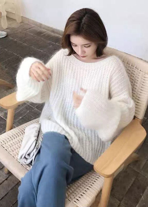 White O-neck Hollow Out Cozy Wool Knit Sweaters Spring