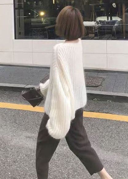 White O-neck Hollow Out Cozy Wool Knit Sweaters Spring