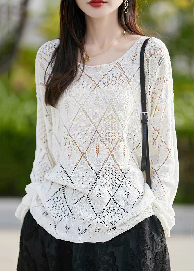White O Neck Hollow Out Thin Knit Sweater Fall