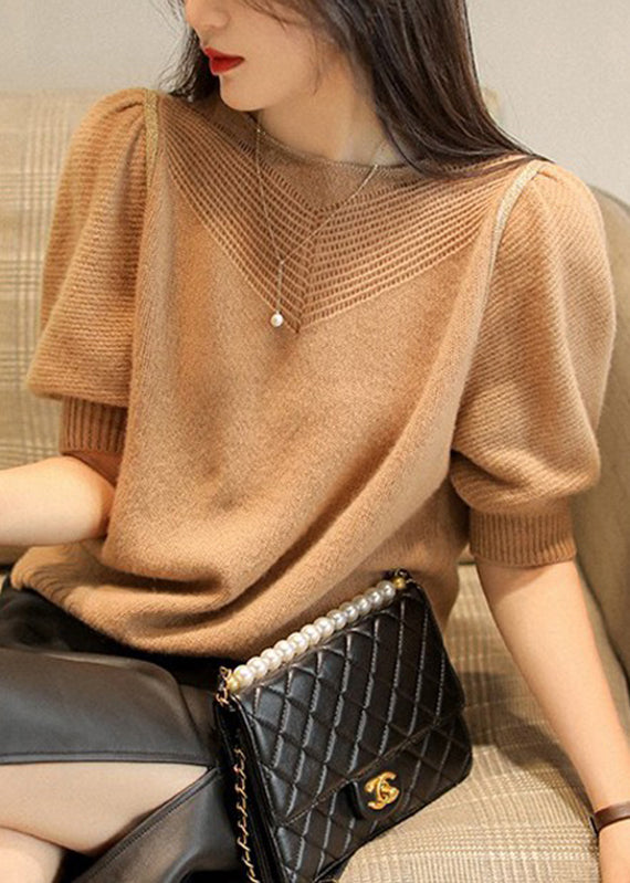 White O-neck Hollow Out Wool Sweaters Puff Sleeve