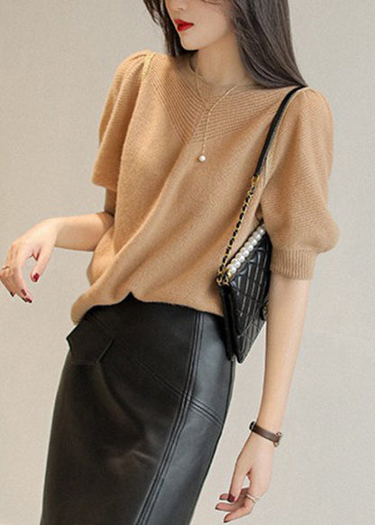 White O-neck Hollow Out Wool Sweaters Puff Sleeve