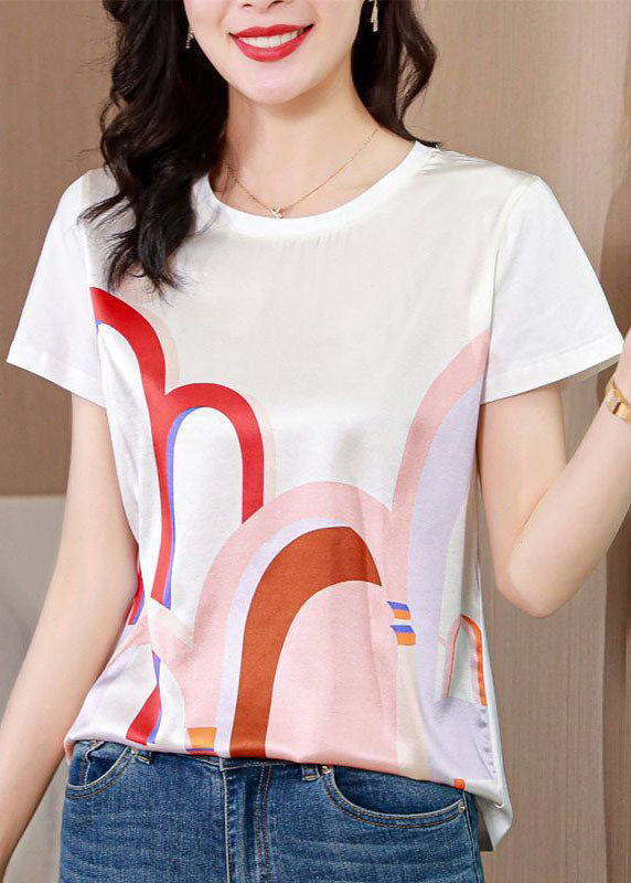 White O-neck Original Design Print Silk Tops Summer