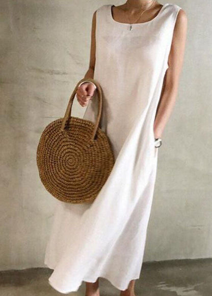 White O Neck Patchwork Cotton Maxi Dress Sleeveless